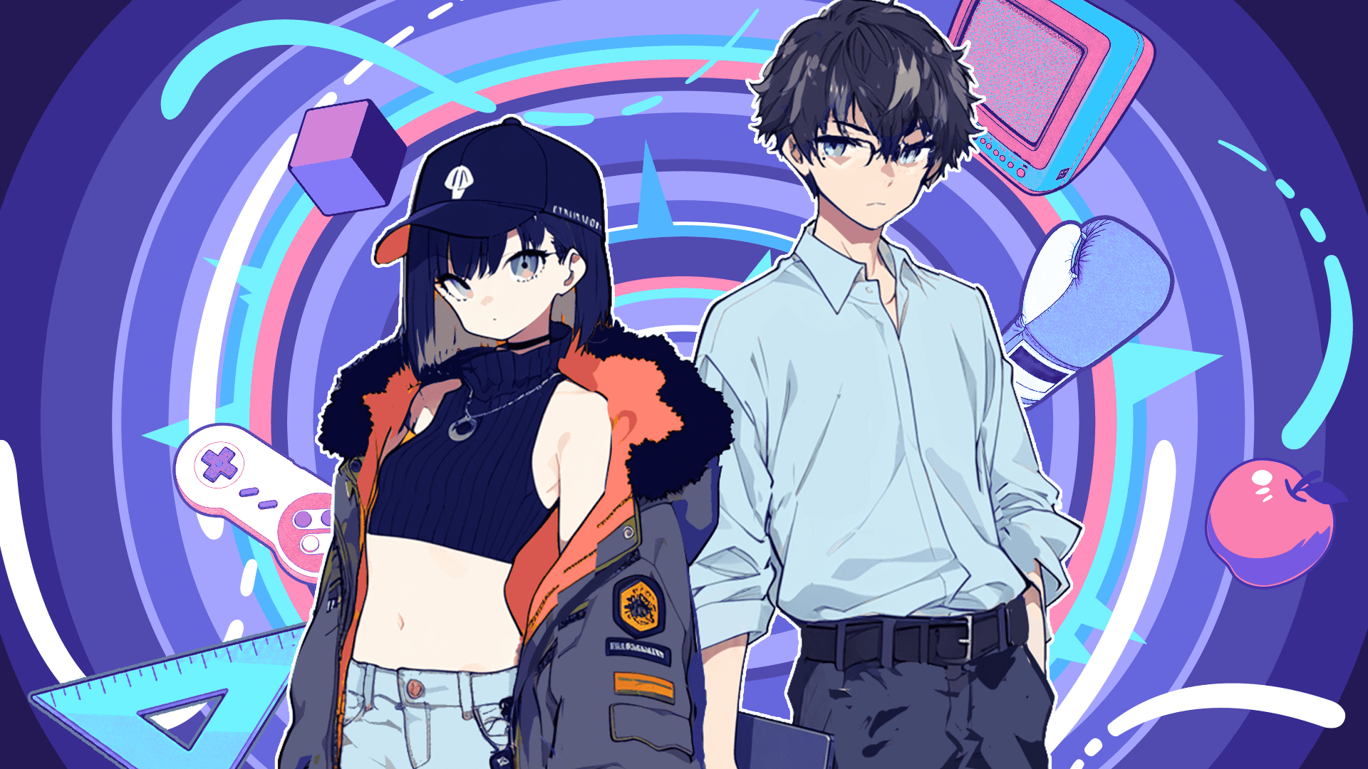 作品のキービジュアル。ネオンの同心円を背にした2人の登場人物と、ゲームパッドやブラウン管テレビなどの小物。